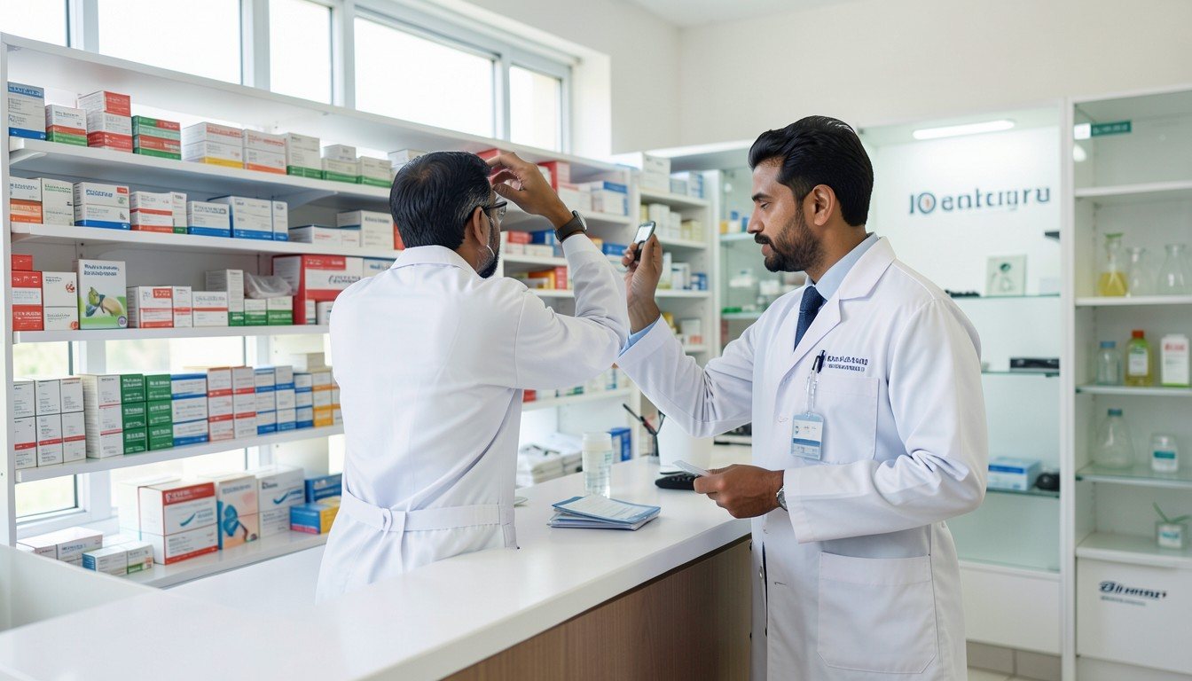 A pharmacist working at medicine shelves
