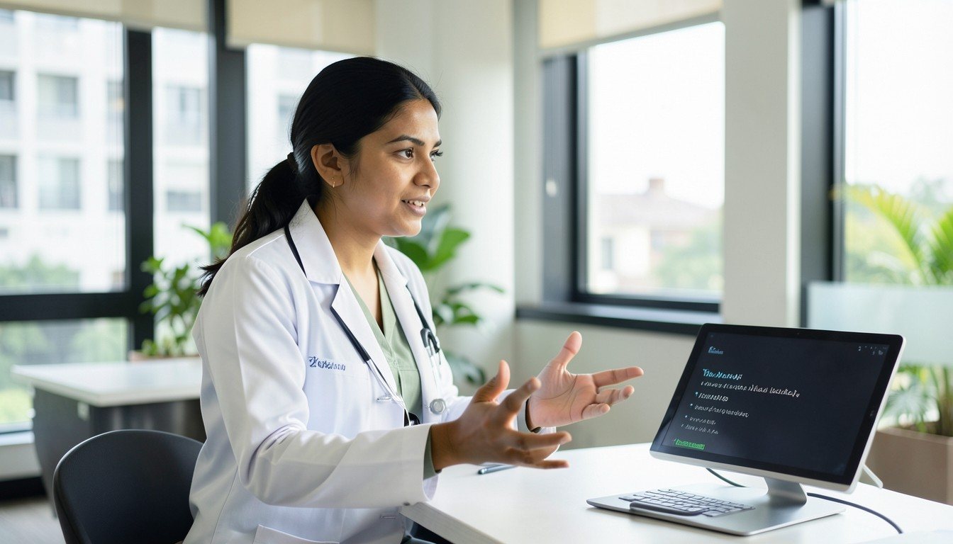 Doctor with a tablet on a tripod during a consultation