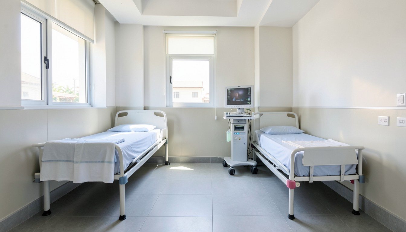 A hospital ward with beds